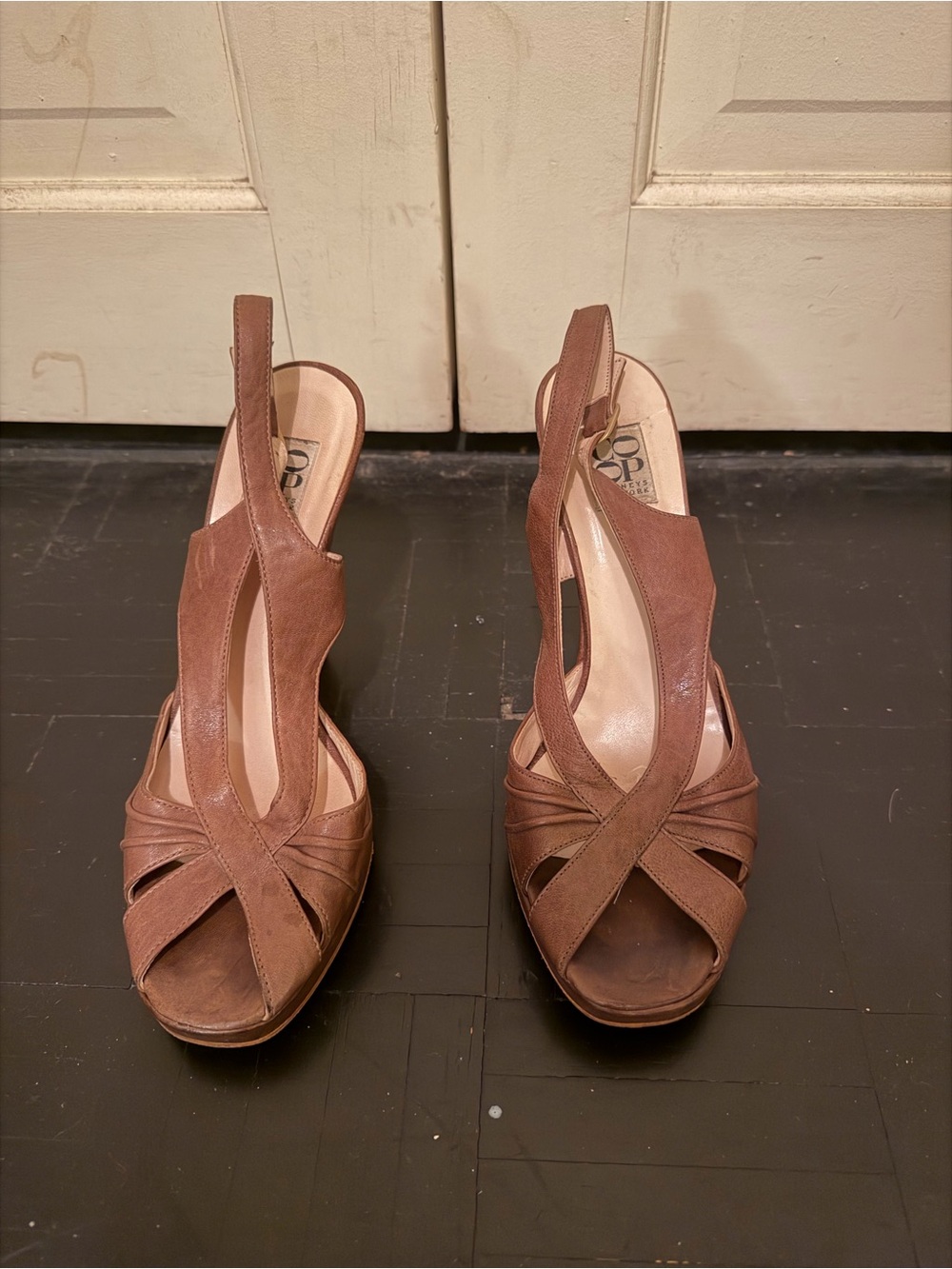 Vintage Barneys New York CO-OP Women's Brown Leather Strappy Platform Heels
